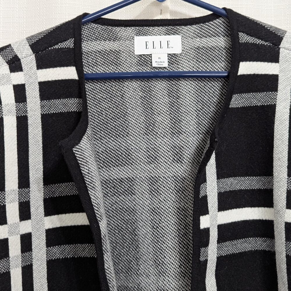 Elle Plaid Knit Blazer cardigan XL preppy Dark Academia office Black White - Picture 2 of 7